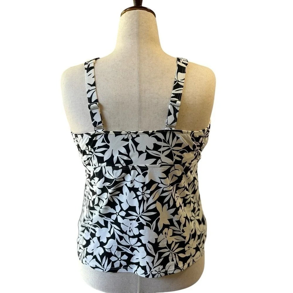 Lands' End Black White Havana Floral Underwire Tankini SWIM TOP 16G Stretch